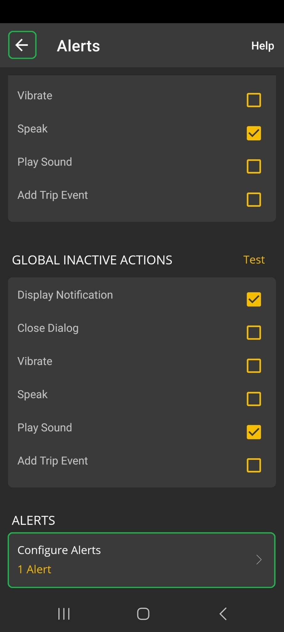 Android Alerts screen with the Configure Alerts section highlighted. The Back arrow button is also highlighted.