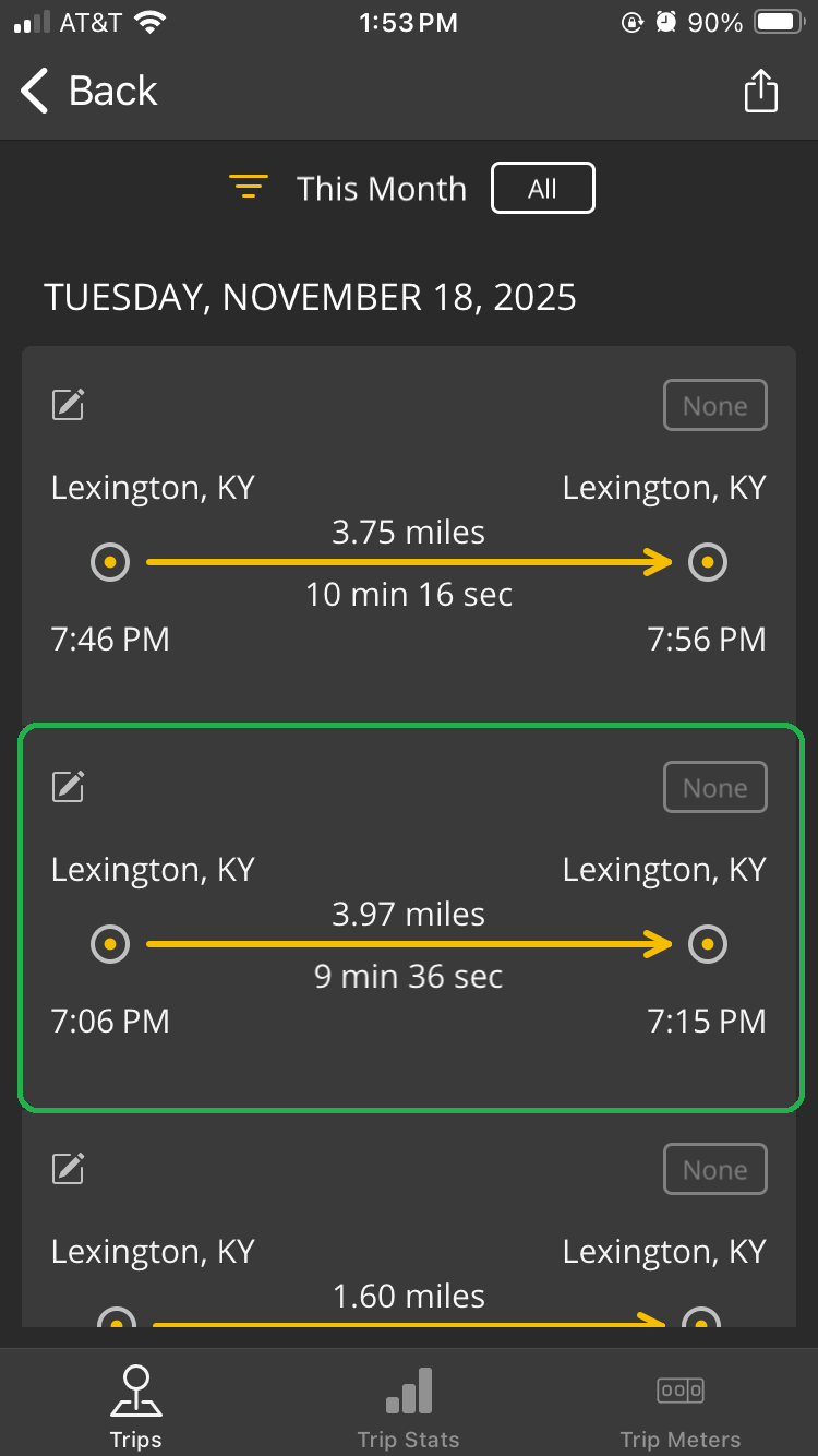 iOS screen showing a list of completed trips. The details area for one trip is highlighted.