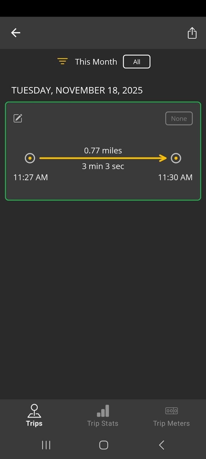 Android screen showing a list of completed trips. The details area for one trip is highlighted.