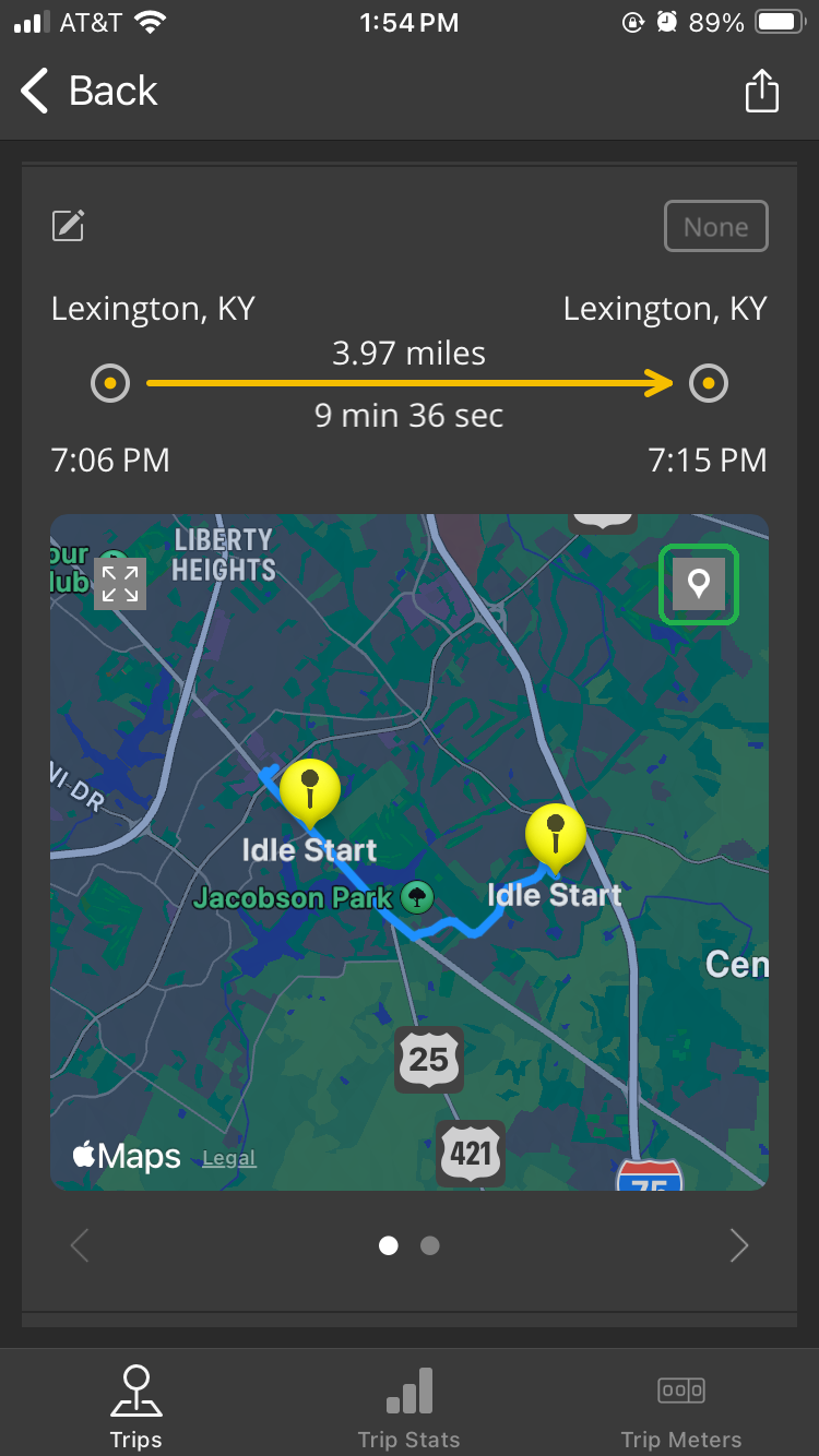 iOS screen showing a completed trip. The pin icon is highlighted.