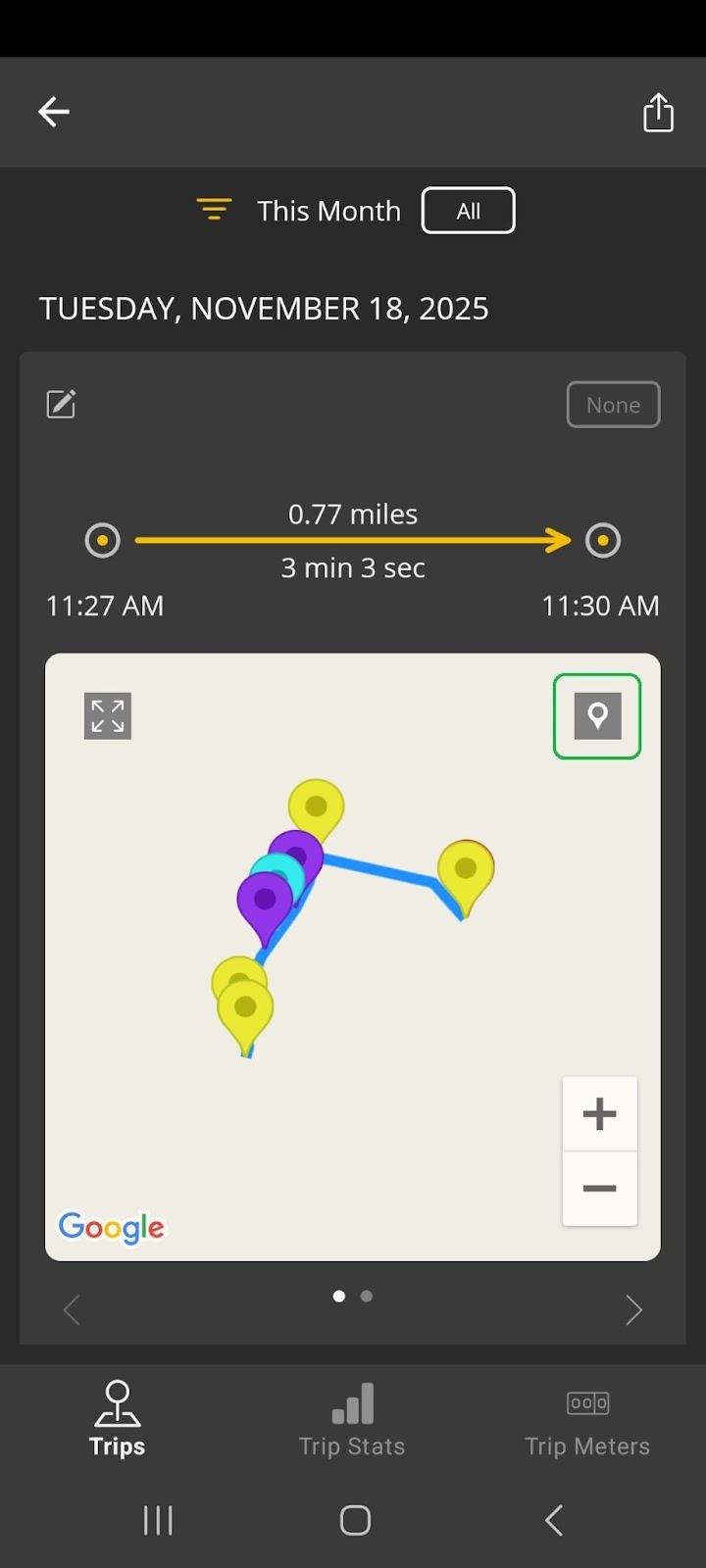Android screen showing a completed trip. The pin icon is highlighted.