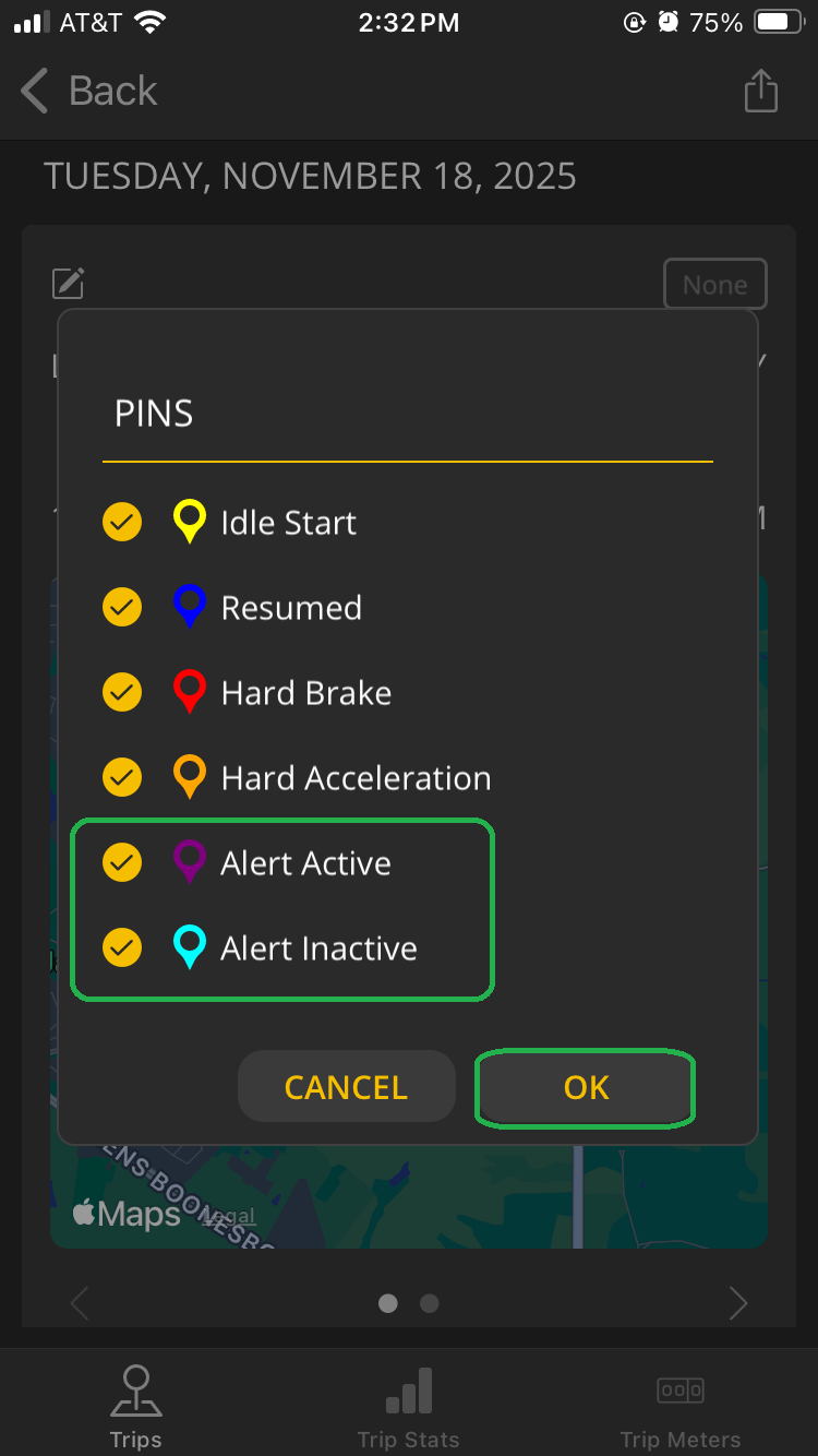iOS Pins screen showing a list of pin descriptions. The pins for Alert Active and Alert Inactive are highlighted. The OK button is also highlighted.