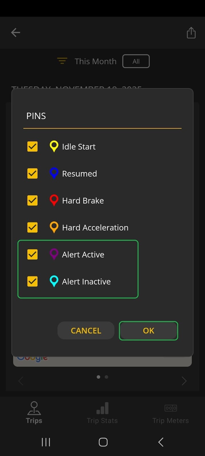 Android Pins screen showing a list of pin descriptions. The pins for Alert Active and Alert Inactive are highlighted. The OK button is also highlighted.