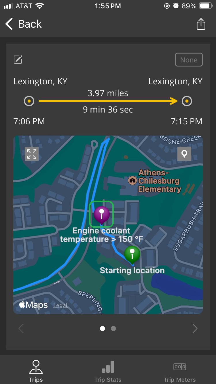 iOS Trip screen showing part of a trip. The Alert Active icon is highlighted on the map. 