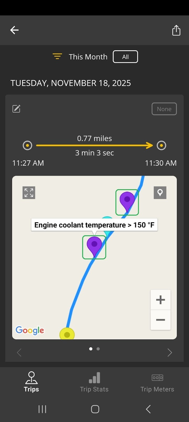 Android Trip screen showing part of a trip. Two Alert Active icons are highlighted on the map. 