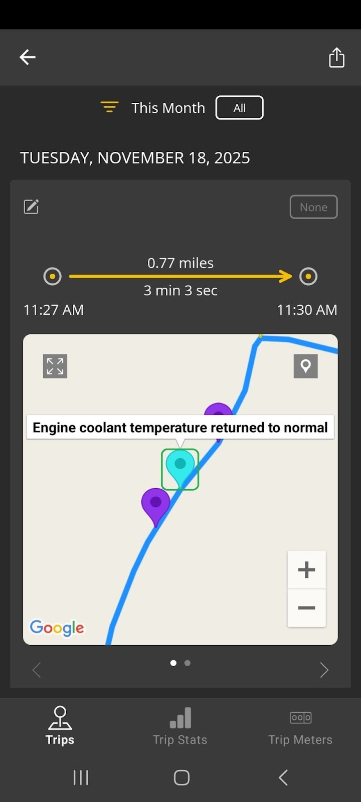 Android Trip screen showing part of a trip. One Alert Inactive icon is highlighted on the map. 