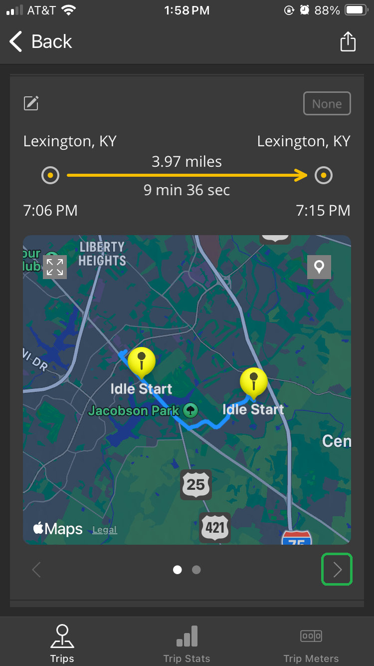 iOS screen showing details for a completed trip, including a trip map. The forward arrow is highlighted.