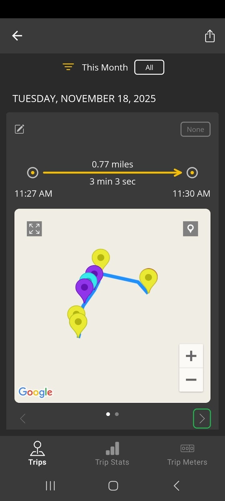 Android screen showing details for a completed trip, including a trip map. The forward arrow is highlighted.