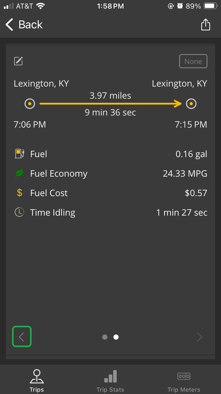 iOS screen showing details for a completed trip, including fuel usage details. The back arrow is highlighted.