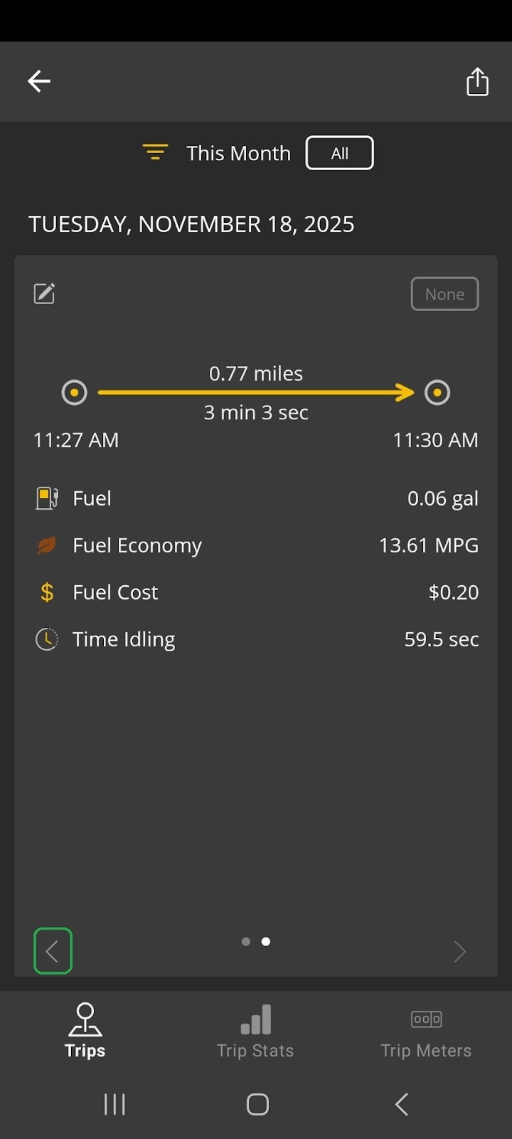 Android screen showing details for a completed trip, including fuel usage details. The back arrow is highlighted.