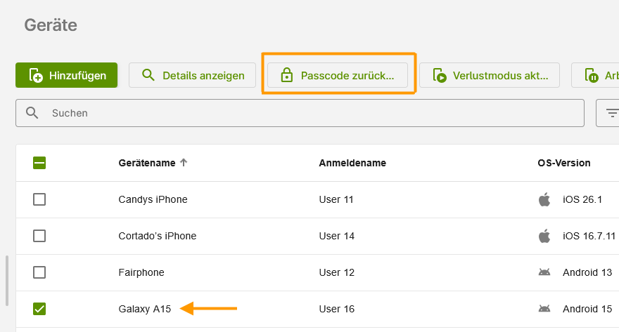 Passcode zurücksetzen