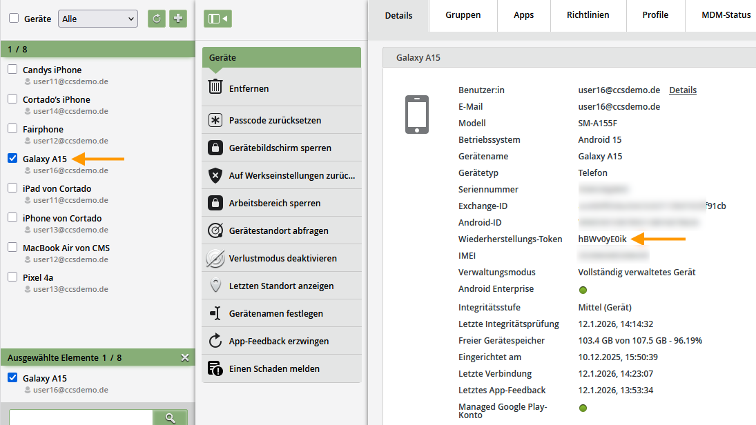 Wiederherstellungs-Token im alten Verwaltungsportal
