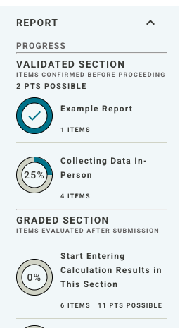 In the secondary menu under Report, there is a list of each section, the groups within the section, how many items are in the group, and your progress within the group.
