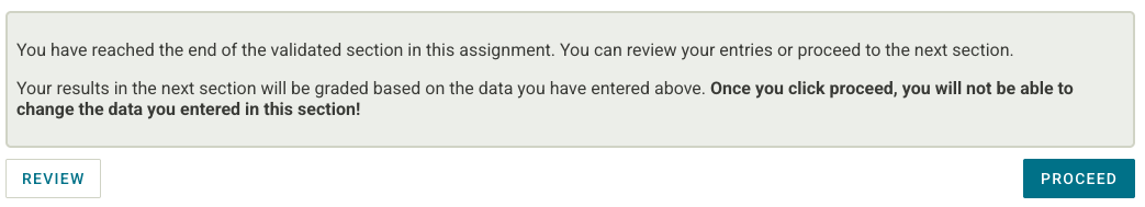 A message describes that the user has reached the end of the section and what happens next in the assignment, followed by the Proceed button.