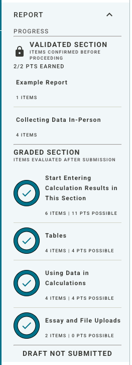 The sidebar of a report indicating that the Validated Section is complete with 2 out of 2 points earned and 4 groups in the graded section complete, with a report status of Draft Not Submitted.