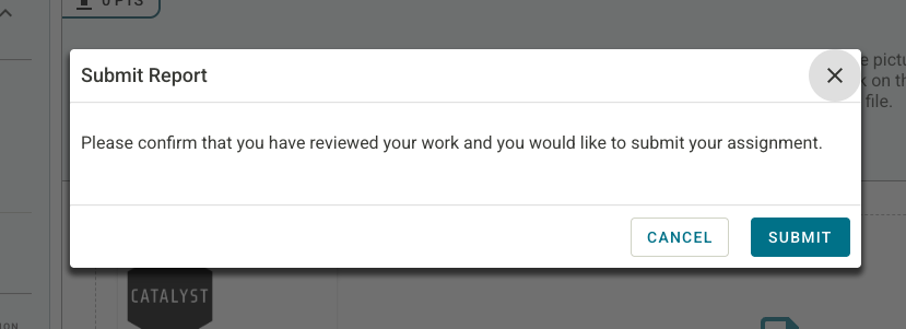 The Submit Report modal reminds you to check that you have answered all questions and has options to Cancel and Submit.