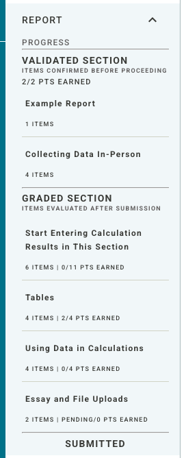 After submitting, the sidebar of a report indicates how many points were earned for each group and a report status of Submitted.