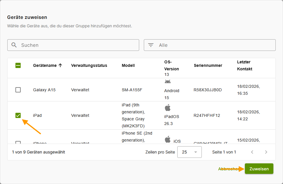 Gerät auswählen und zuweisen