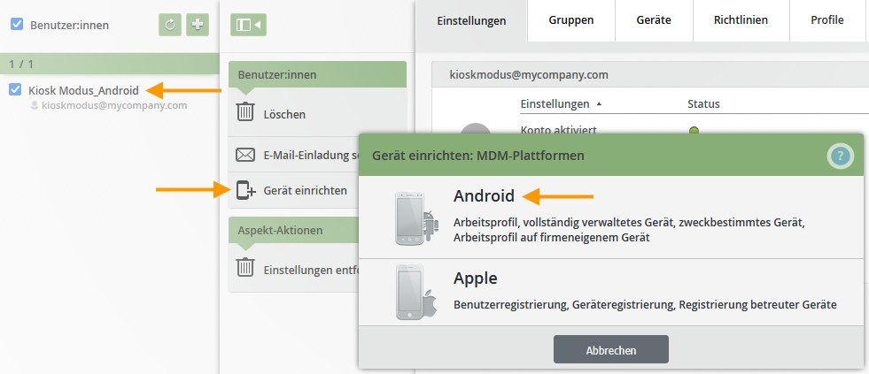 Plattform Android auswählen