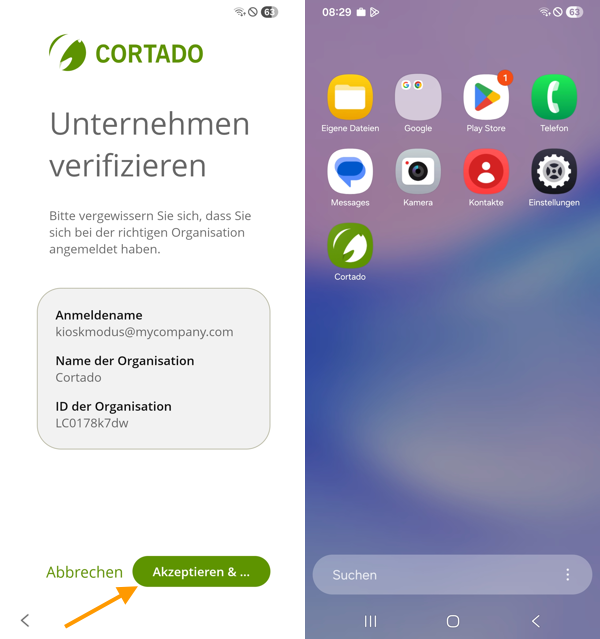 Unternehmen verifizieren und Konfiguration akzeptieren