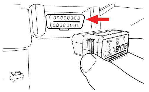 Drawing showing how to install the Carbyte adapter into the OBD port in a vehicle. A red arrow points to the OBD port.