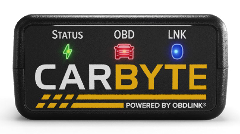 Photo of the Carbyte adapter face. The LEDs are shown illuminated: Status is green, OBD is red, and LNK is blue.