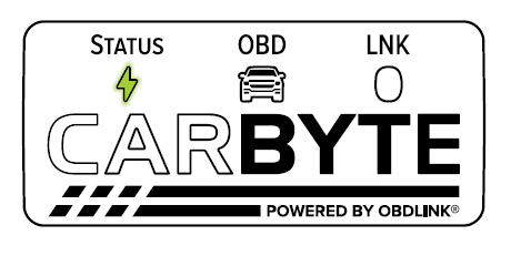 Drawing showing the Carbyte adapter face in black and white. The Status LED is shown in green.