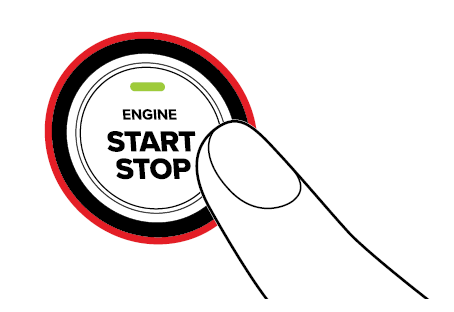 Diagram showing a finger pressing a button labeled "Engine Start Stop". The button is highlighted in red.