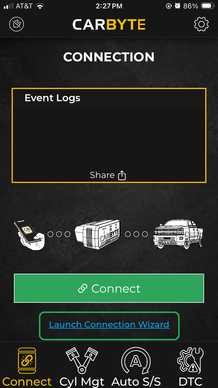 iOS screen showing the main Carbyte app screen. The Launch Connection Wizard button is highlighted. 