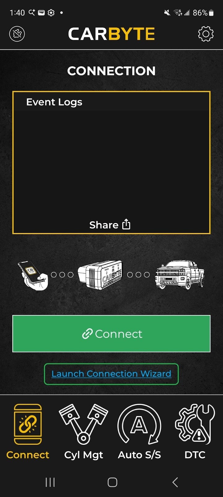 Android screen showing the main Carbyte app screen. The Launch Connection Wizard button is highlighted. 