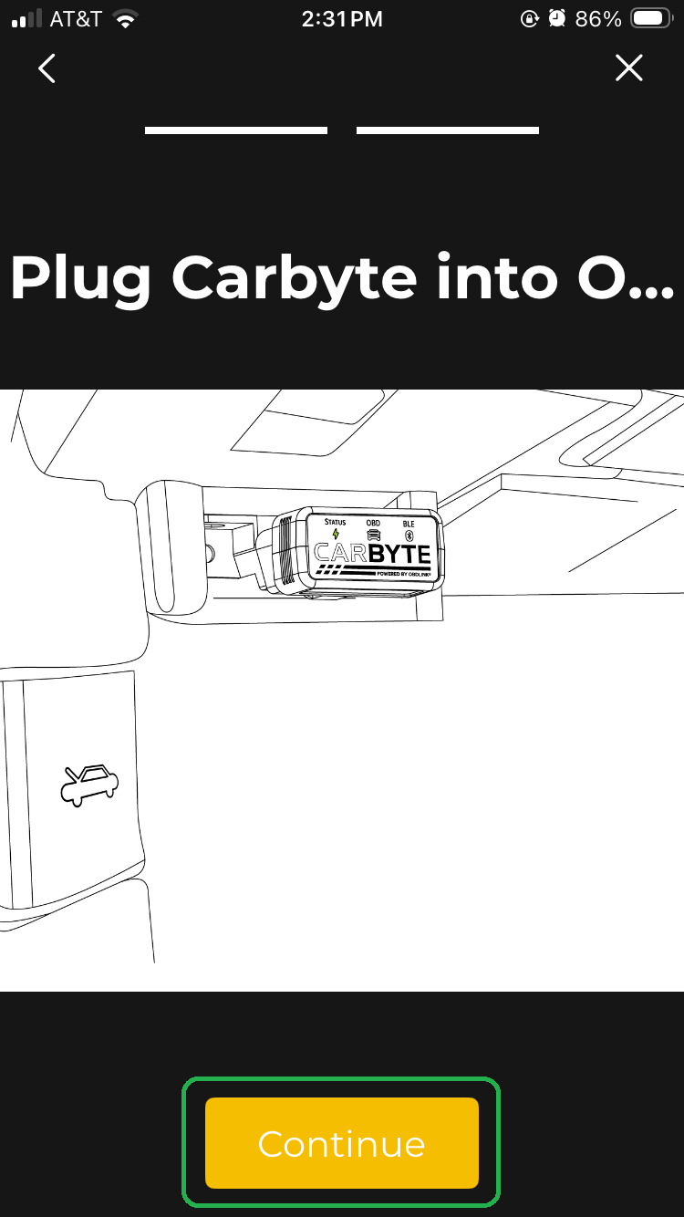 iOS screen showing a Connection Wizard screen, which says "Plug Carbyte into OBD port". A diagram shows where to plug in Carbyte in a vehicle. The Continue button is highlighted. 