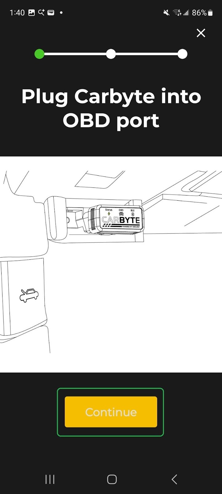 Android screen showing a Connection Wizard screen, which says "Plug Carbyte into OBD port". A diagram shows where to plug in Carbyte in a vehicle. The Continue button is highlighted. 