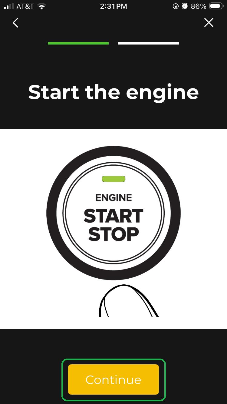 iOS screen showing a Connection Wizard screen, which says "Start the engine". A diagram shows an Engine start/stop button. The Continue button is highlighted. 