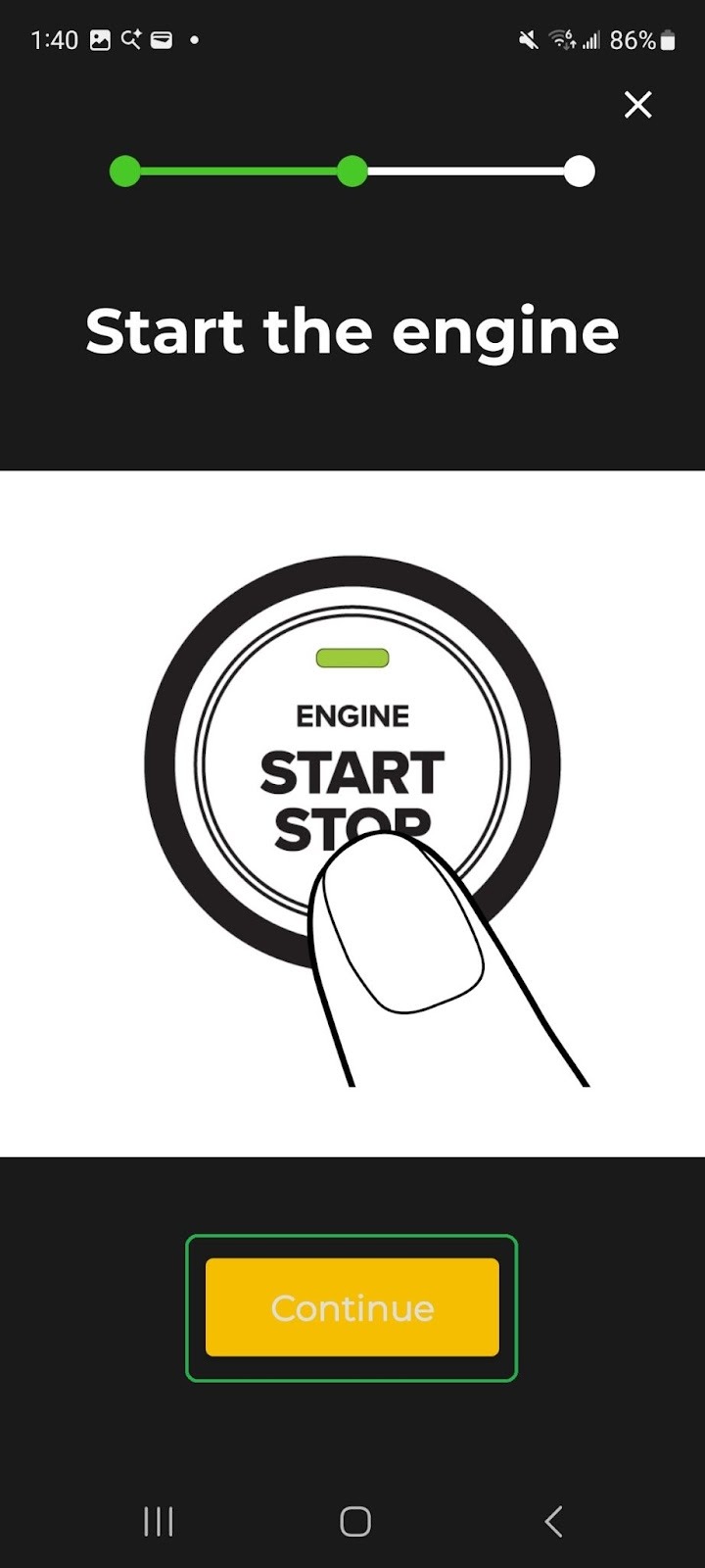 Android screen showing a Connection Wizard screen, which says "Start the engine". A diagram shows an Engine start/stop button. The Continue button is highlighted. 