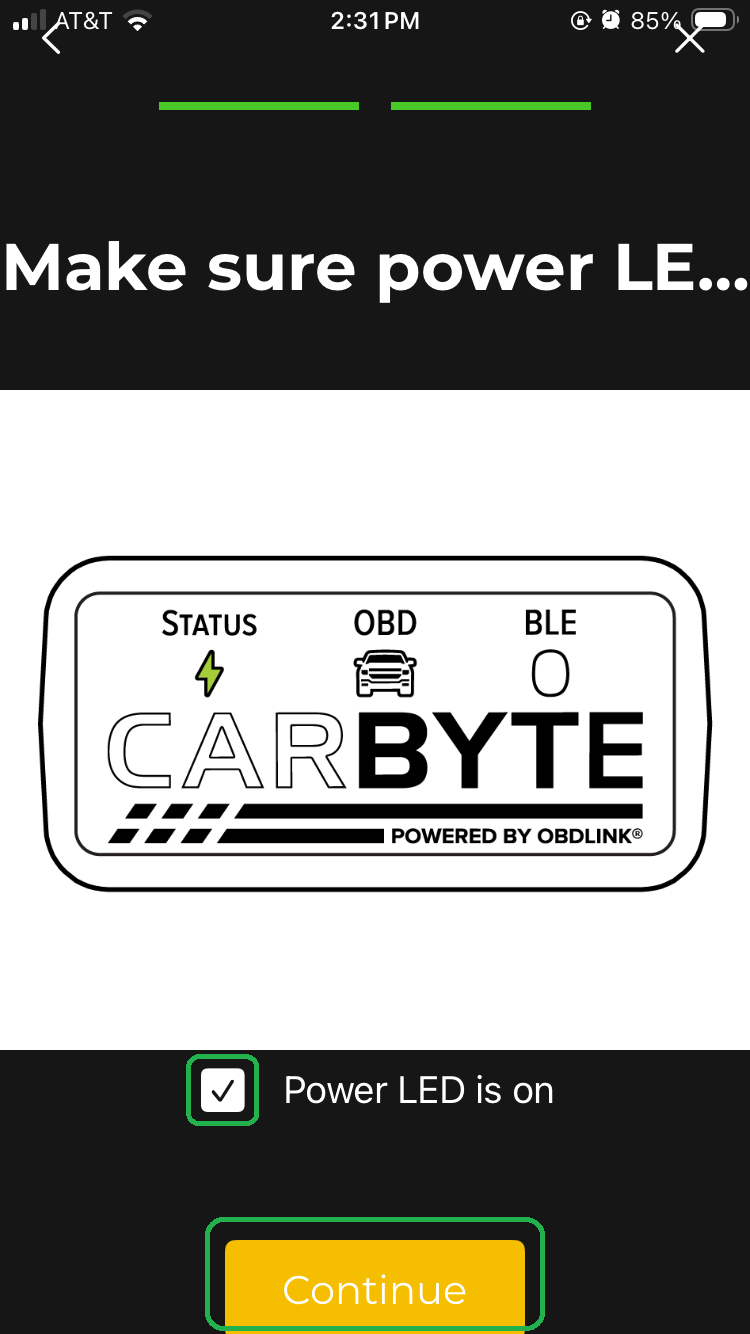 iOS screen showing a Connection Wizard screen, which says "Make sure power LED is on". A diagram shows the Carbyte faceplate. The Status LED is shown in green. The checkbox for "Power LED is on" is checked. The Continue button is highlighted. 
