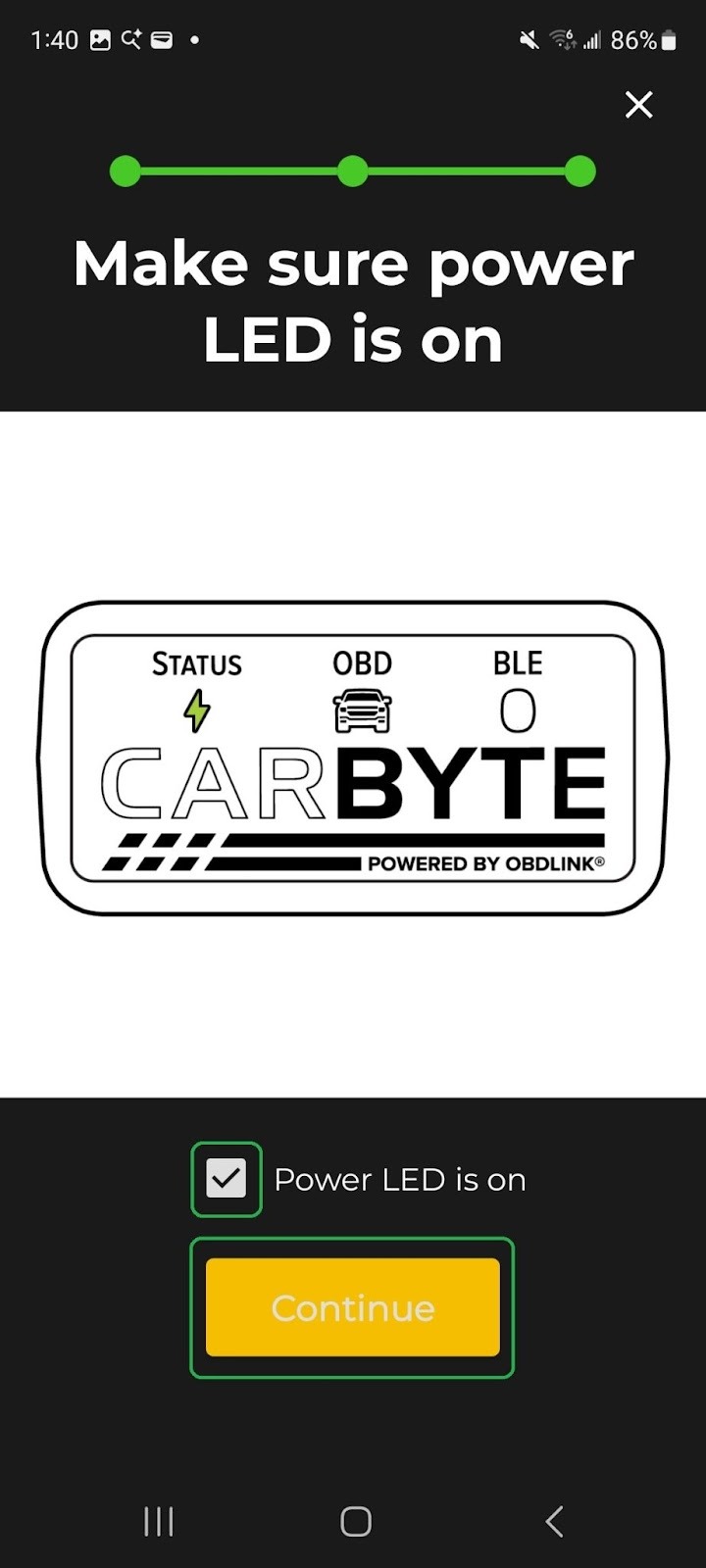 Android screen showing a Connection Wizard screen, which says "Make sure power LED is on". A diagram shows the Carbyte faceplate. The Status LED is shown in green. The checkbox for "Power LED is on" is checked. The Continue button is highlighted. 