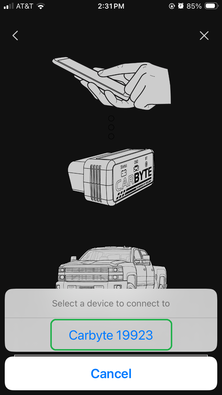 iOS screen showing a device selection option. The Carbyte device is highlighted.