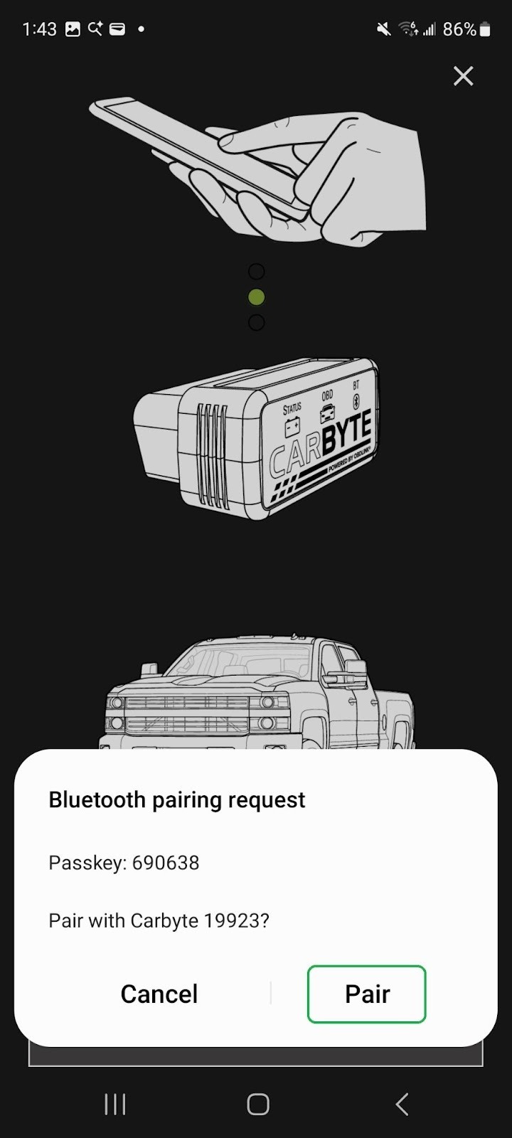Android screen showing a Bluetooth Pairing Request message. The Pair button is highlighted. 