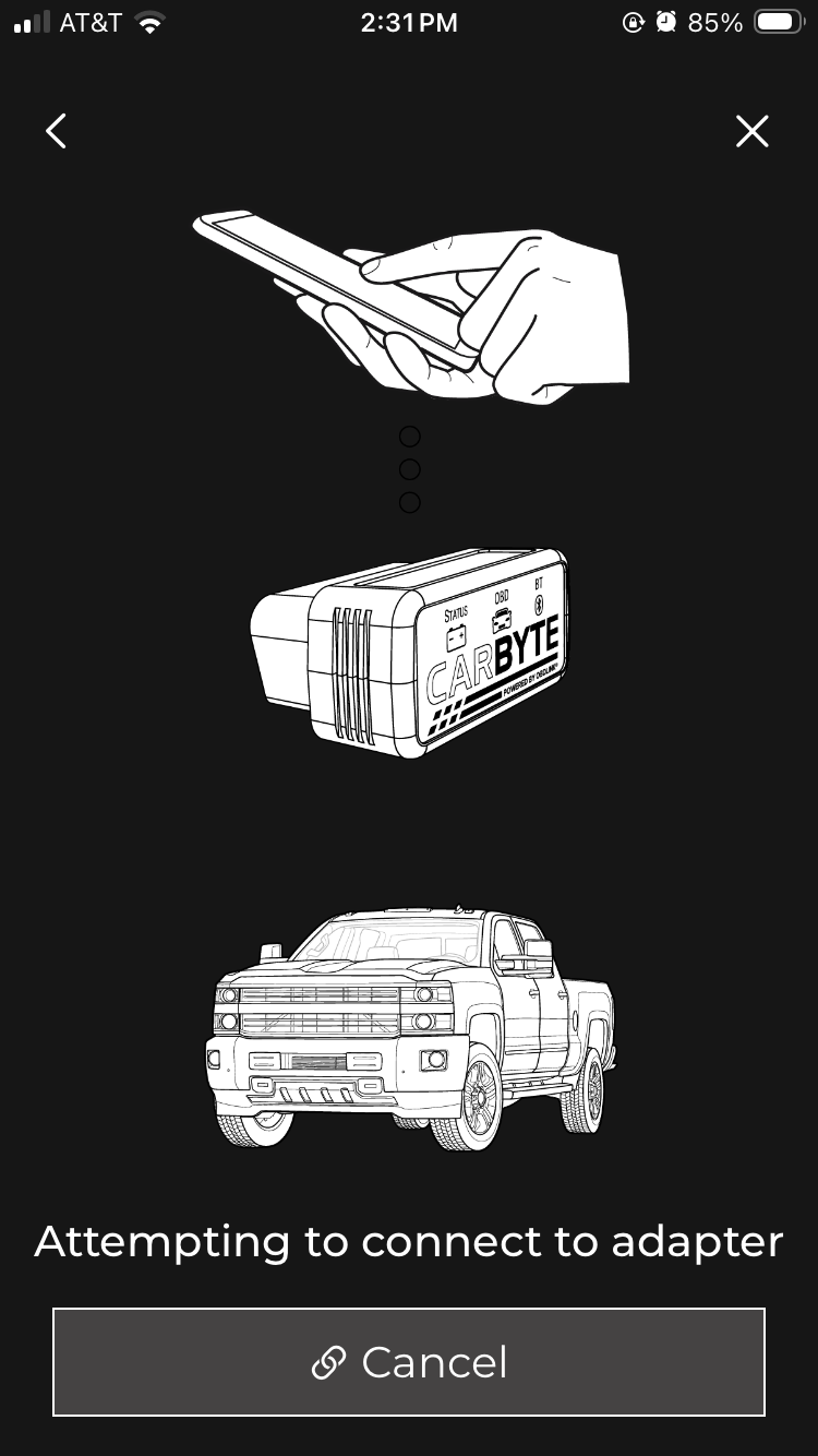 iOS screen showing the beginning of the connection process. All 3 diagrams are in black and white. A message at the bottom of the screen says "Attempting to connect to adapter". 