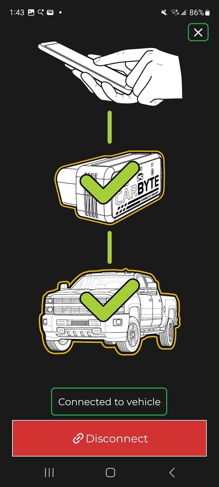 Android screen showing the end of the connection process. The 3 diagrams are connected with green lines and the Carbyte adapter and vehicle each have a green checkmark on top. The message "Connected to vehicle" is highlighted. 