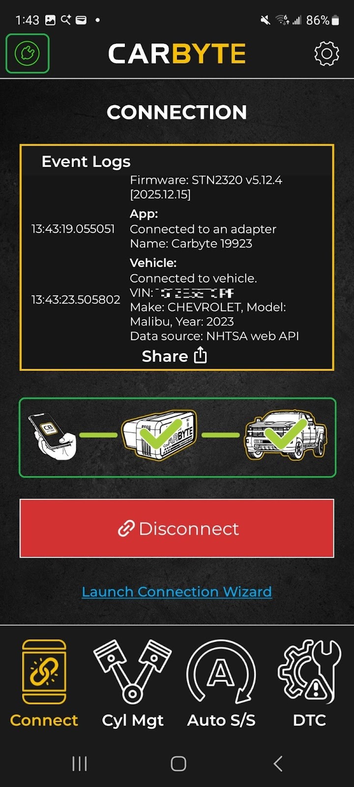 Android screen showing the Connection tab. The plug icon in the upper left is highlighted. Three diagrams of a phone, a Carbyte adapter, and a vehicle are connected with green lines and are also highlighted. 