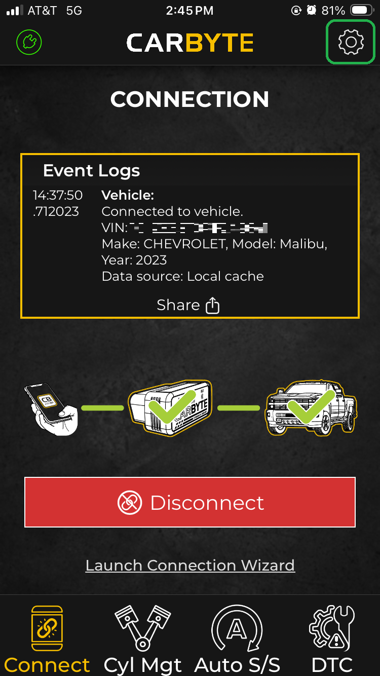 iOS screen showing the Connection tab. The gear icon in the upper right is highlighted. 