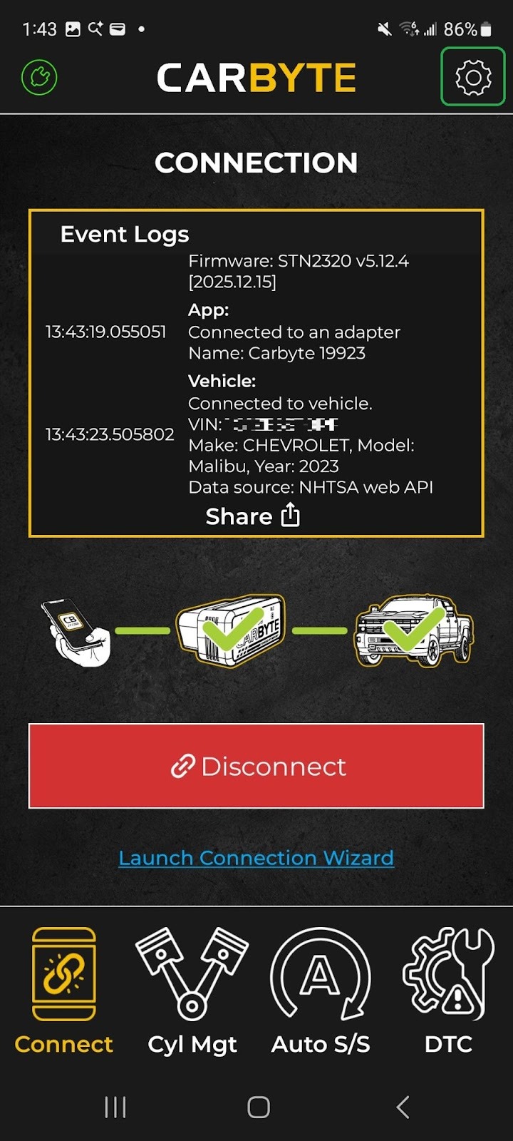 Android screen showing the Connection tab. The gear icon in the upper right is highlighted. 