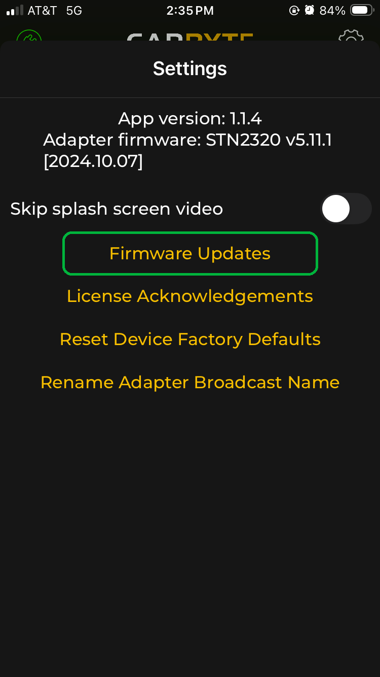 iOS screen showing Settings options. The Firmware Updates option is highlighted. 