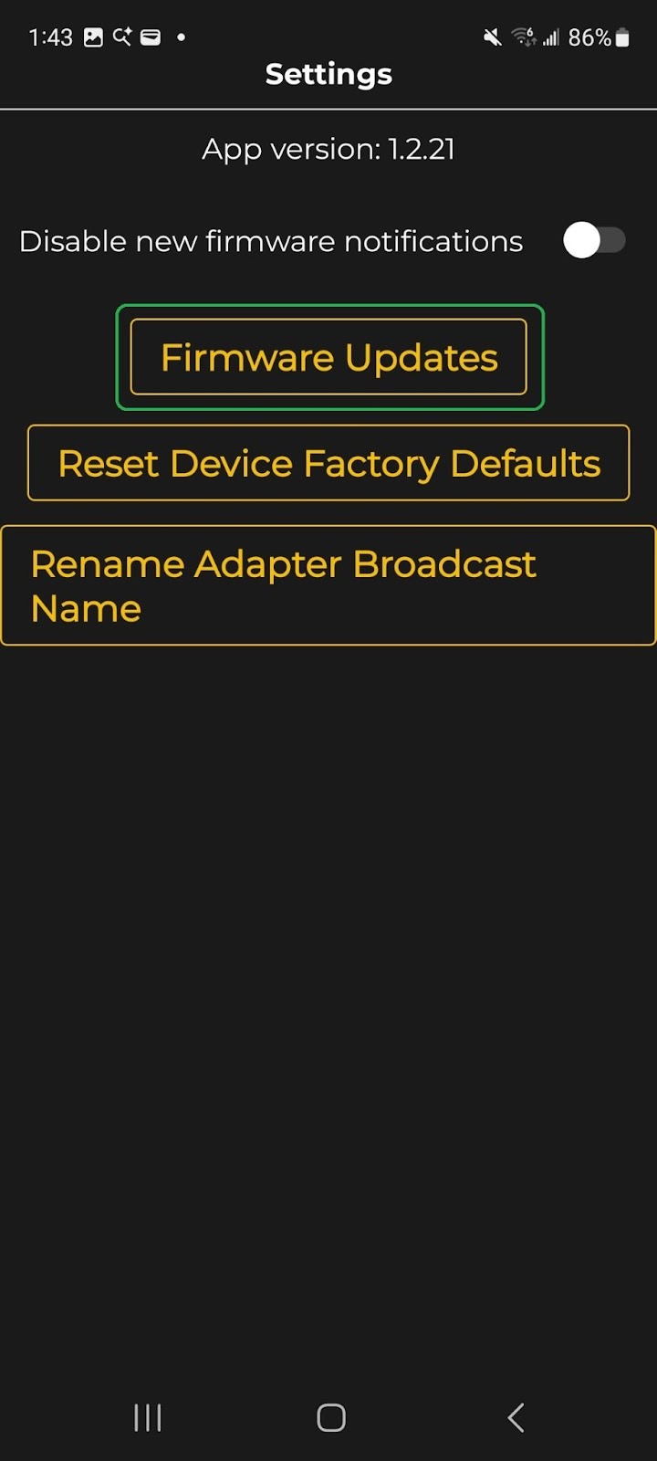 Android screen showing Settings options. The Firmware Updates option is highlighted. 