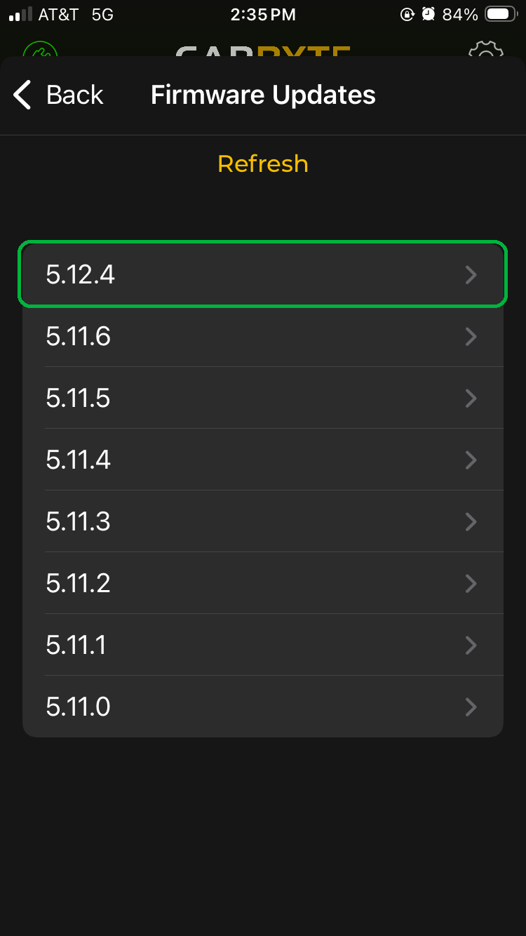 iOS screen showing a list of available Firmware Versions. The version at the top of the list is highlighted.