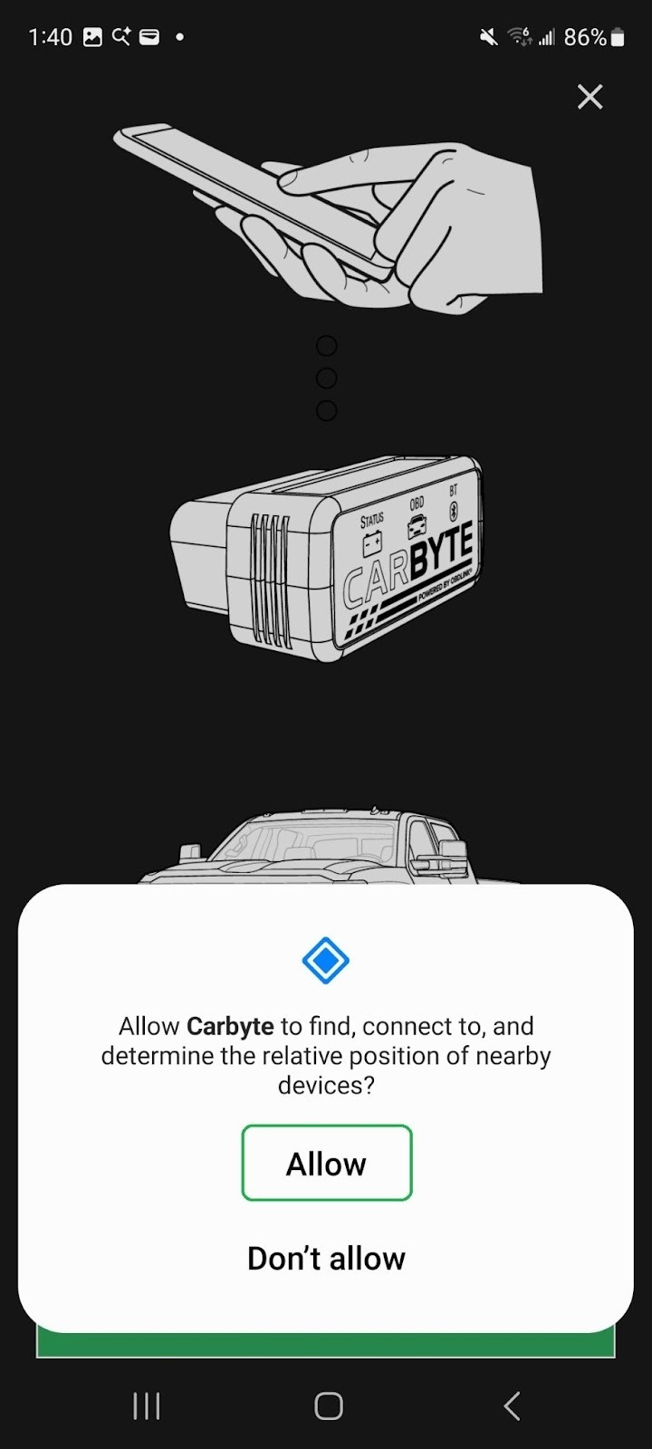 Android screen showing a prompt about allowing Carbyte to find other devices. The Allow option is highlighted.