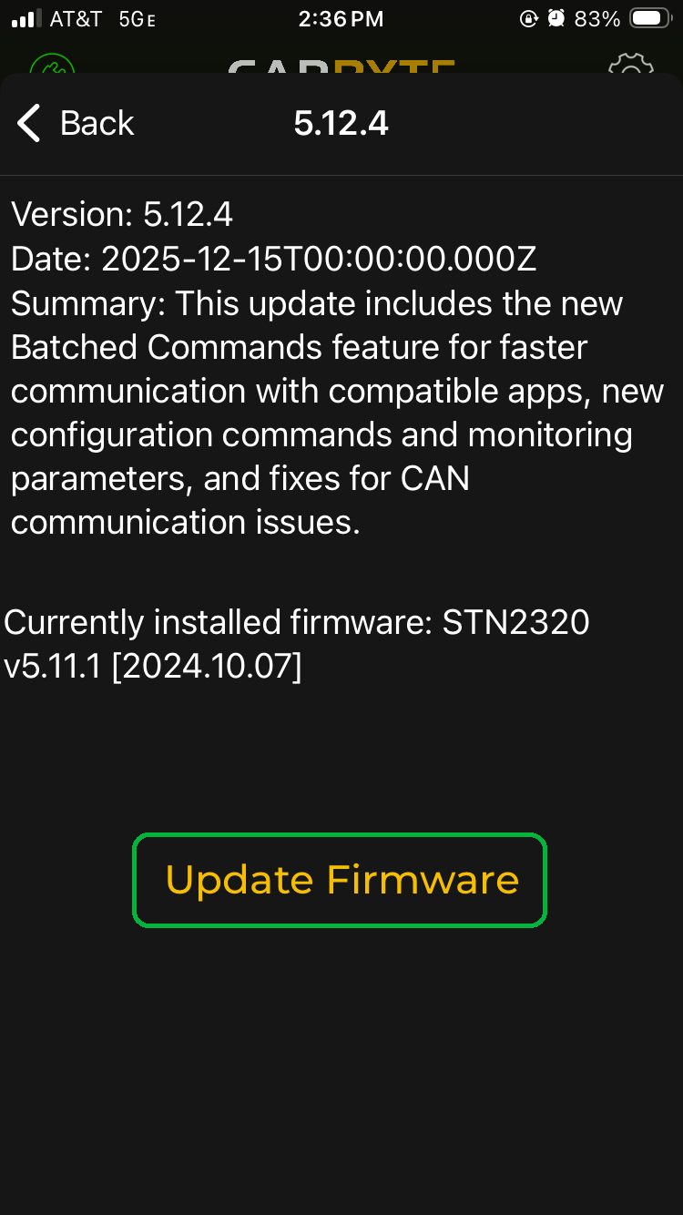 iOS screen showing information about a firmware version. The Update Firmware button is highlighted.