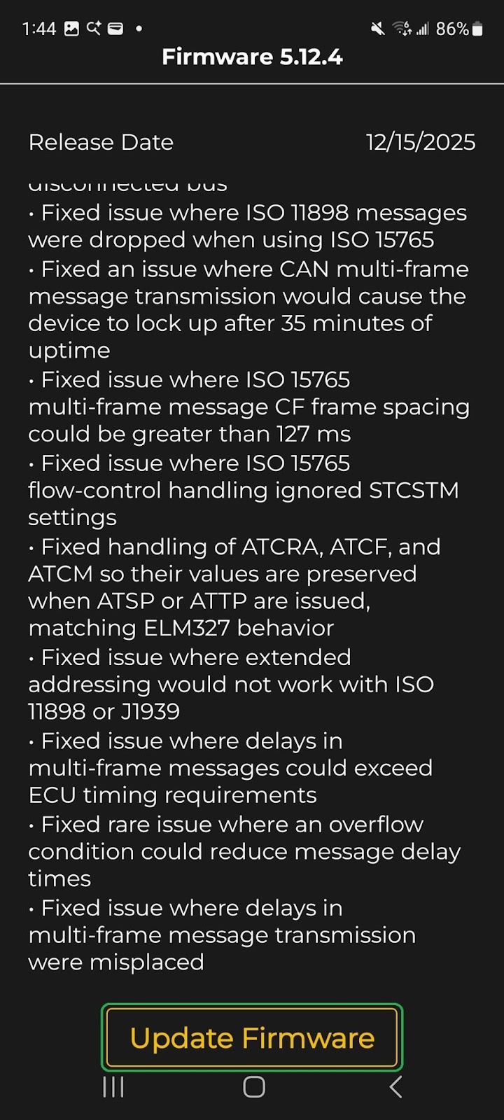 Android screen showing information about a firmware version. The Update Firmware button is highlighted.