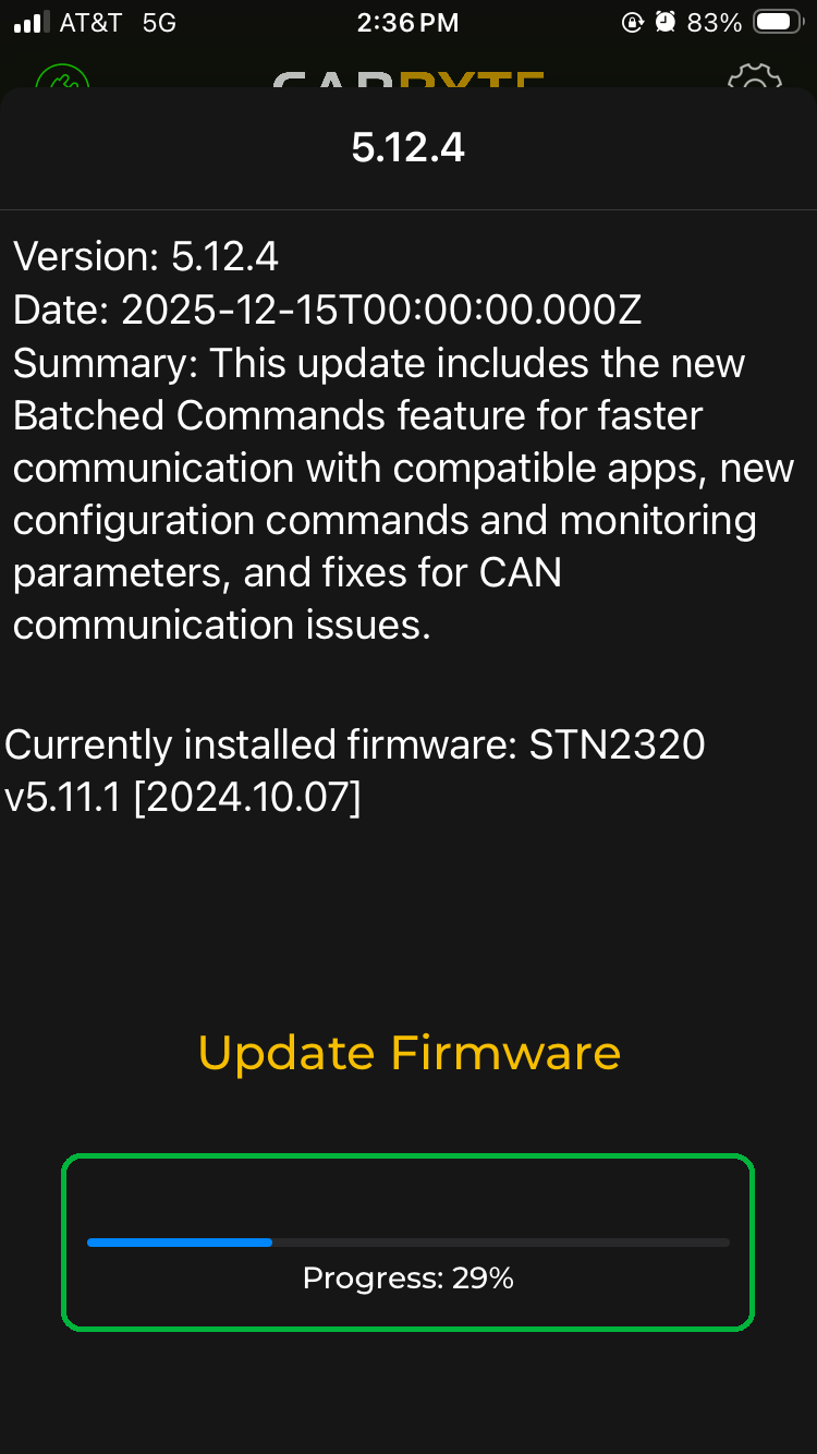 iOS screen showing firmware details. A progress bar near the bottom of the screen is highlighted.